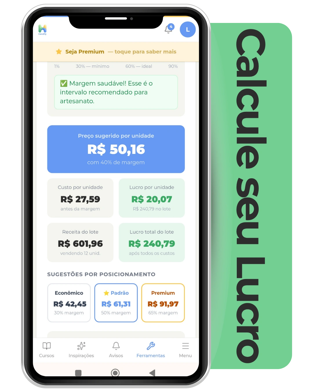 App de Precificação Handify calculando o lucro