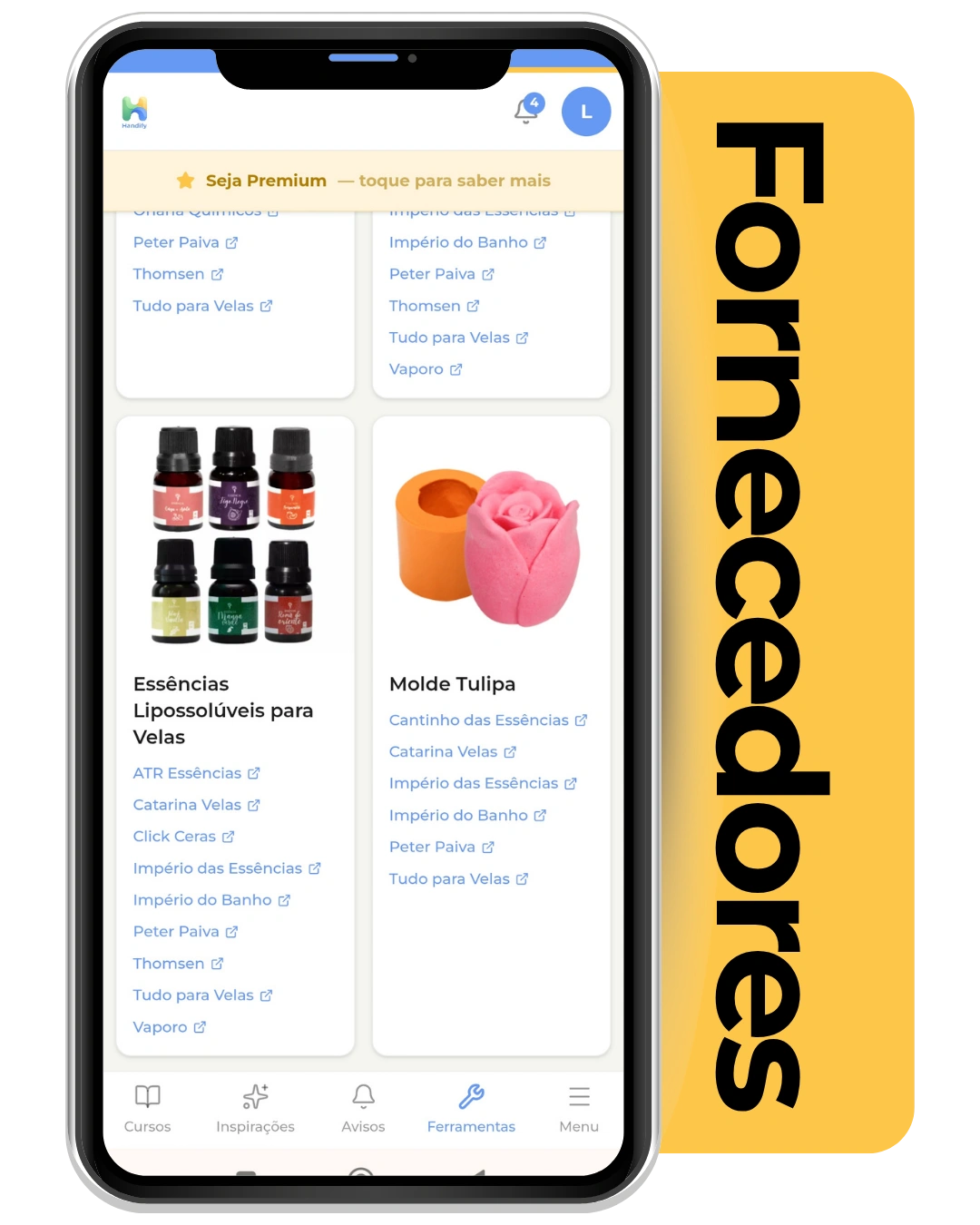 Central de Fornecedores no app Handify
