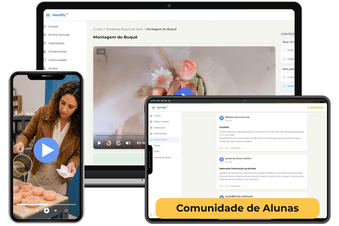 Área de membros do curso em notebook, tablet e celular